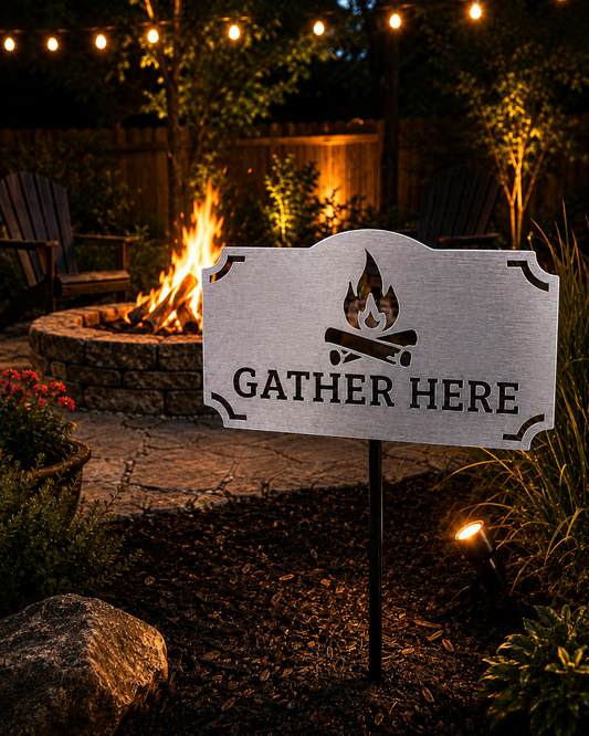 Gather Here Fire Pit Sign | Personalized Metal Yard Sign | Custom Backyard Fire Pit Decor | Outdoor Family Campfire Gift