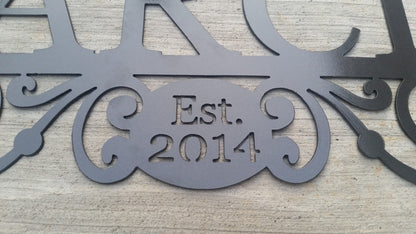 Personalized Metal Name Sign- Last Name Sign – Customized Steel Family Name with Scrolls and Date – Steel Anniversary Gift– 11th Anniversary