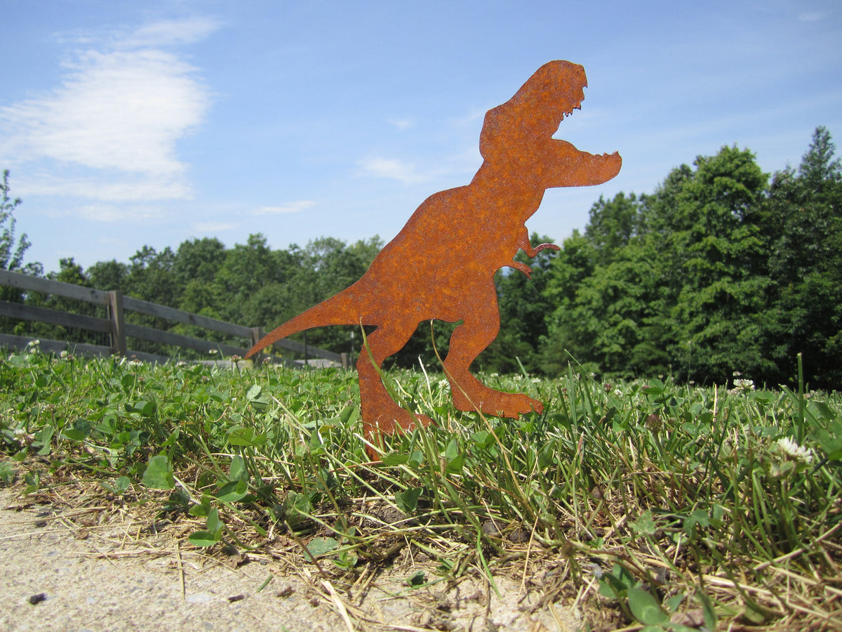 Dinosaur Metal Garden Stakes- T-Rex Raptor Yard Art | Rustic Steel Garden Decor | Dinosaur Lover Gift | Outdoor Lawn Silhouette trex, Raptor