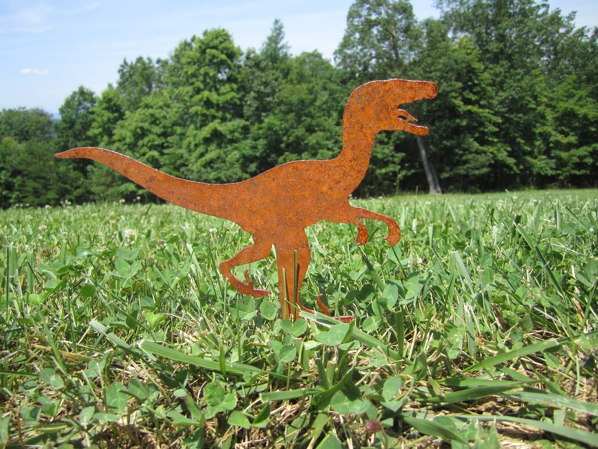 Dinosaur Metal Garden Stakes- T-Rex Raptor Yard Art | Rustic Steel Garden Decor | Dinosaur Lover Gift | Outdoor Lawn Silhouette trex, Raptor
