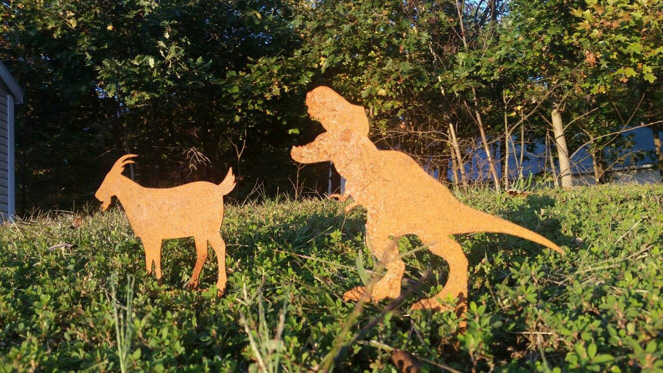 Trex and Goat Garden Stake Set- Where's the goat? Jurassic Park- Dinosaur - Metal Garden Sign- Free Shipping!