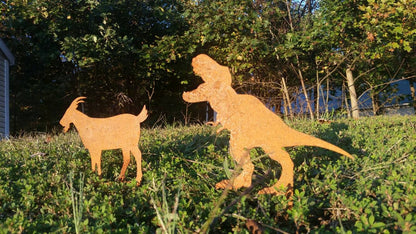 Trex and Goat Garden Stake Set- Where's the goat? Jurassic Park- Dinosaur - Metal Garden Sign- Free Shipping!