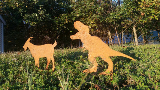 Trex and Goat Garden Stake Set- Where's the goat? Jurassic Park- Dinosaur - Metal Garden Sign- Free Shipping!