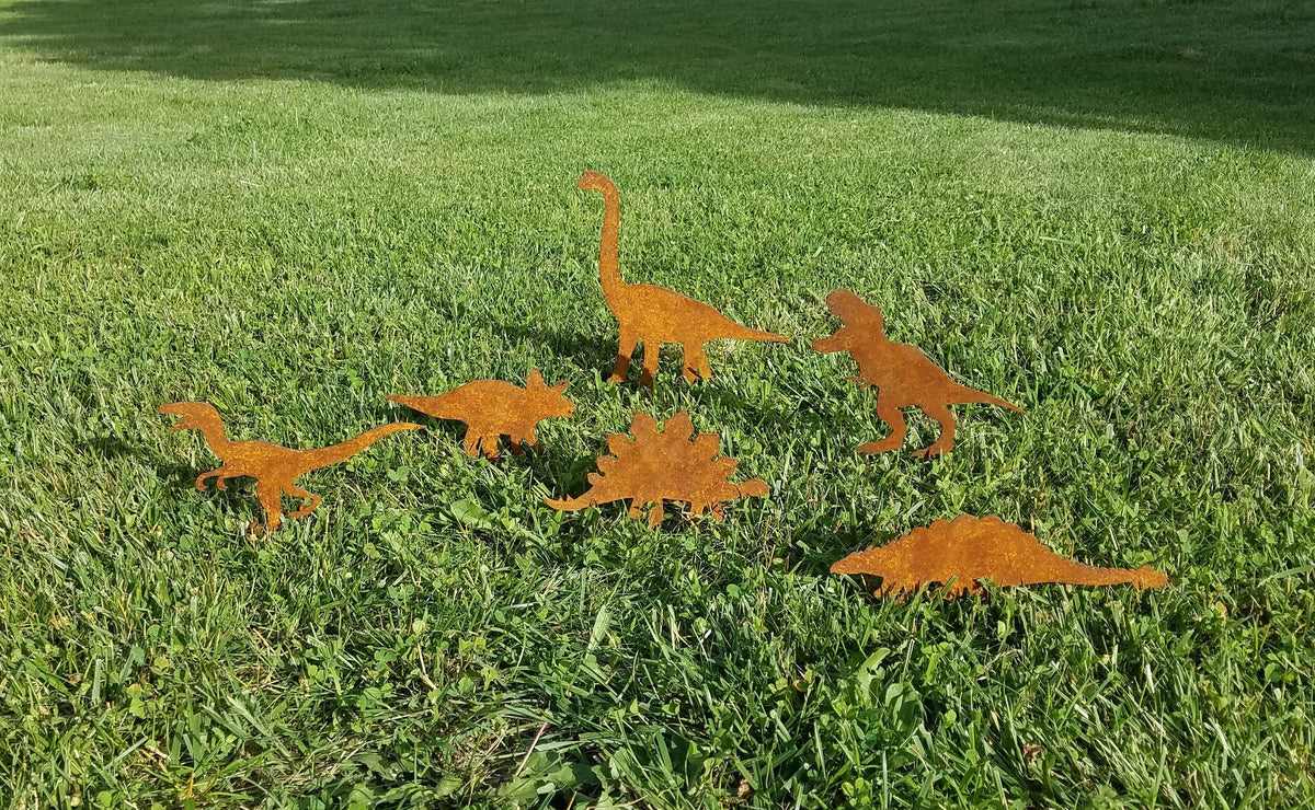Dinosaur Metal Garden Stakes- T-Rex Raptor Yard Art | Rustic Steel Garden Decor | Dinosaur Lover Gift | Outdoor Lawn Silhouette trex, Raptor