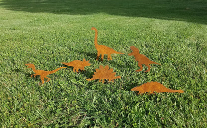 Dinosaur Metal Garden Stakes- T-Rex Raptor Yard Art | Rustic Steel Garden Decor | Dinosaur Lover Gift | Outdoor Lawn Silhouette trex, Raptor