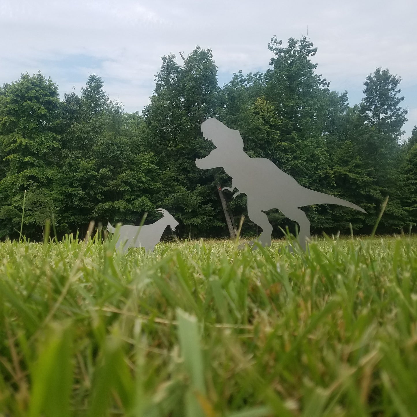 Trex and Goat Garden Stake Set- Where's the goat? Jurassic Park- Dinosaur - Metal Garden Sign- Free Shipping!