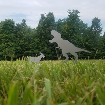 Trex and Goat Garden Stake Set- Where's the goat? Jurassic Park- Dinosaur - Metal Garden Sign- Free Shipping!