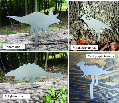 examples of variations of the metal dinosaur garden stakes. options include a triceratops and other dinosaurs.