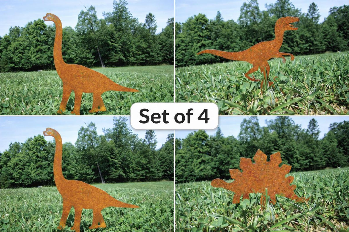 Dinosaur Metal Garden Stakes- T-Rex Raptor Yard Art | Rustic Steel Garden Decor | Dinosaur Lover Gift | Outdoor Lawn Silhouette trex, Raptor