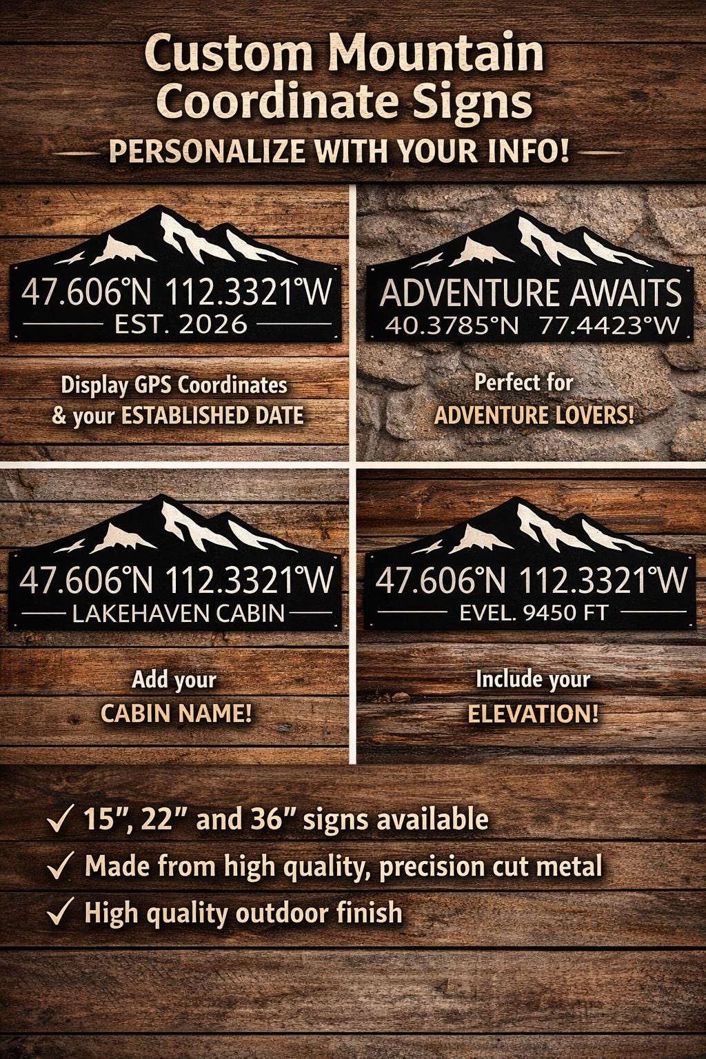 Adventure Awaits Personalized Steel GPS Coordinates Metal Sign, Wedding Anniversary Gift, Housewarming, latitude longitude, Mountain Cabin