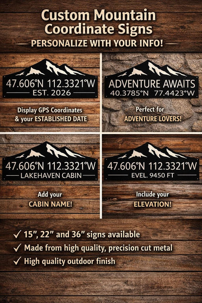 Adventure Awaits Personalized Steel GPS Coordinates Metal Sign, Wedding Anniversary Gift, Housewarming, latitude longitude, Mountain Cabin