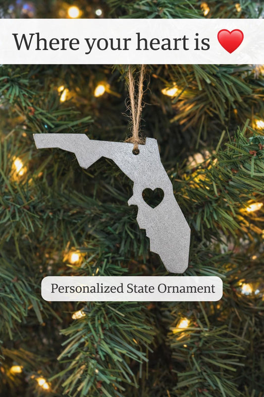 Personalized State Ornament with Heart- Metal Christmas Ornament- Where We Met Gift- Home State Gift- Long Distance Moving Gift- New Home