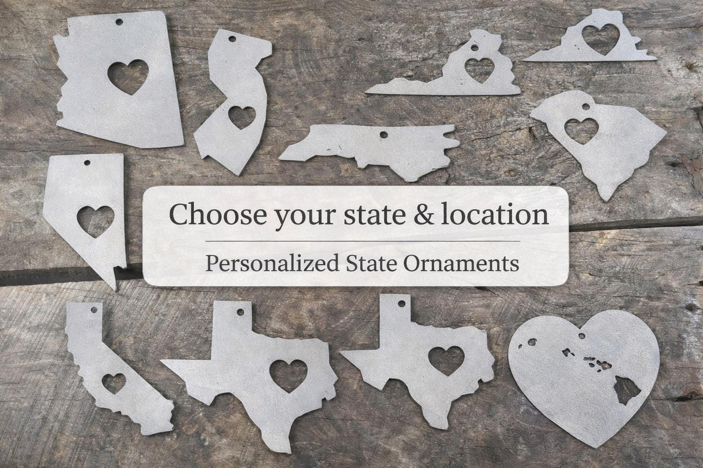 Personalized State Ornament with Heart- Metal Christmas Ornament- Where We Met Gift- Home State Gift- Long Distance Moving Gift- New Home