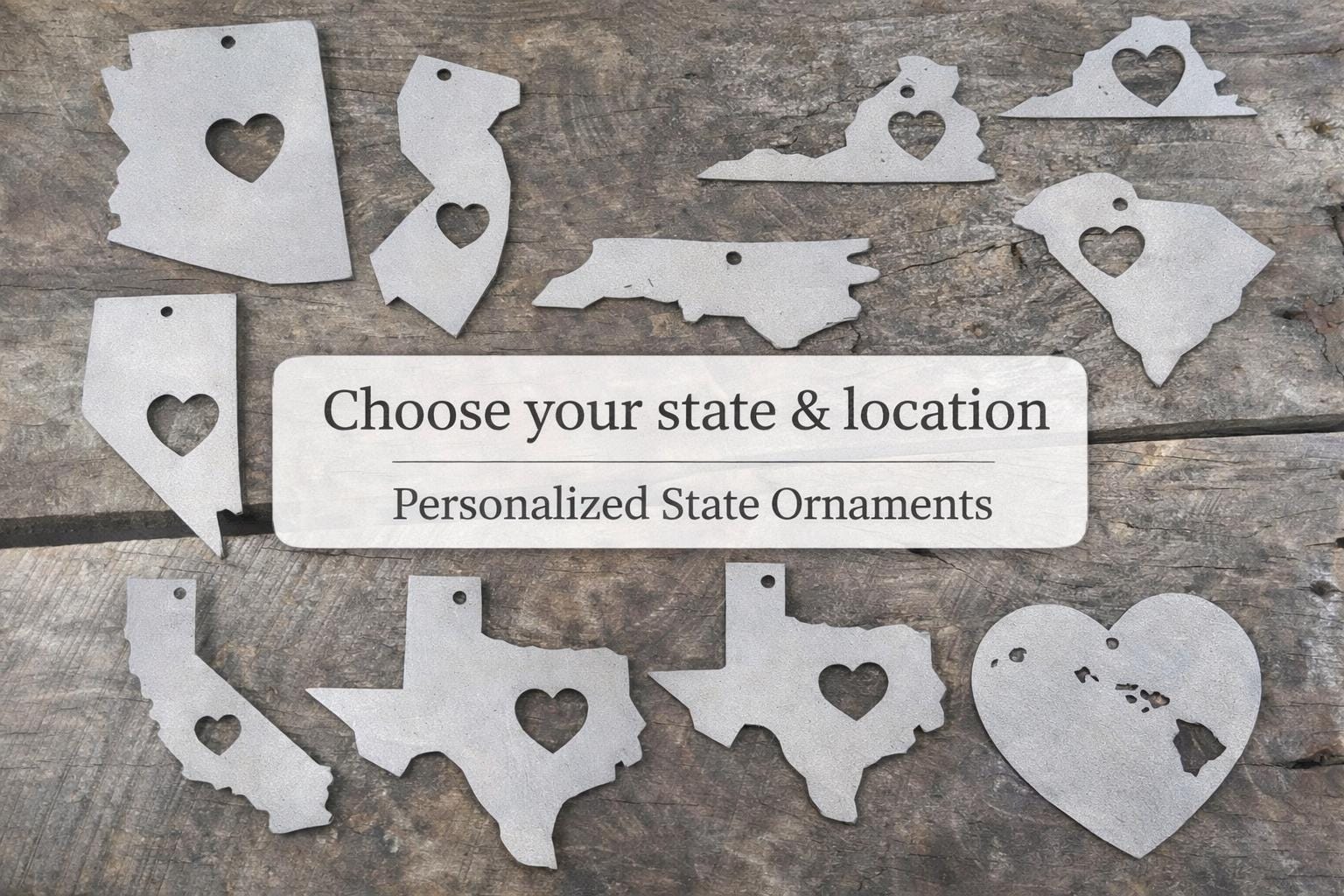 Personalized State Ornament with Heart- Metal Christmas Ornament- Where We Met Gift- Home State Gift- Long Distance Moving Gift- New Home