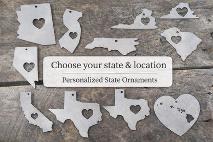 Personalized State Ornament with Heart- Metal Christmas Ornament- Where We Met Gift- Home State Gift- Long Distance Moving Gift- New Home