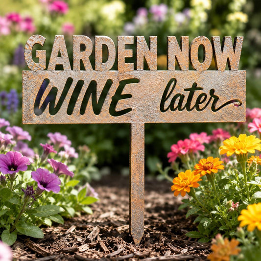 Funny Garden Sign Metal Garden Stake, Garden Now Wine Later, Funny Gardener Gift, Sarcastic Garden Decor, Gift for Plant Lover
