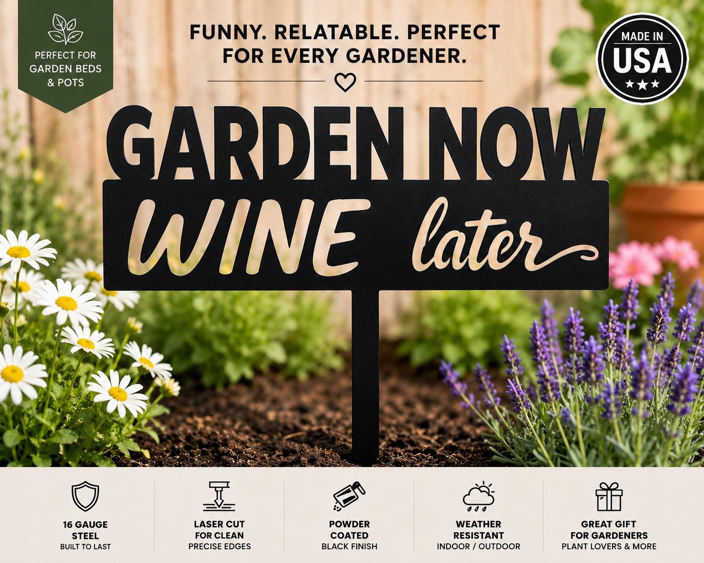 Funny Garden Sign Metal Garden Stake, Garden Now Wine Later, Funny Gardener Gift, Sarcastic Garden Decor, Gift for Plant Lover