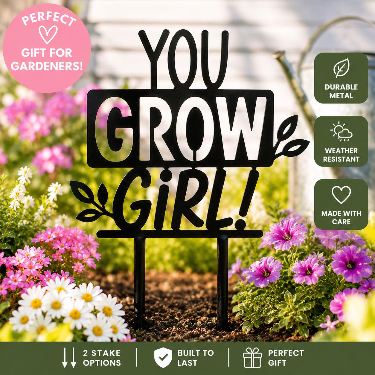 You Grow Girl Metal Garden Stake, Funny Gardener Gift, Gardening Gift for Women, Plant Lover Yard Decor, Mother's Day Gift