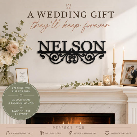 Personalized Metal Last Name Sign, Wedding Gift for Couple, Custom Newlywed Name Sign, Anniversary Gift, Established Sign