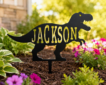 Personalized Dinosaur Garden Stake, Custom T-Rex Name Sign, Metal Garden Decor for Kids, Dinosaur Gift for Boy or Girl, Raw Steel