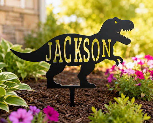 Personalized Dinosaur Garden Stake, Custom T-Rex Name Sign, Metal Garden Decor for Kids, Dinosaur Gift for Boy or Girl, Raw Steel