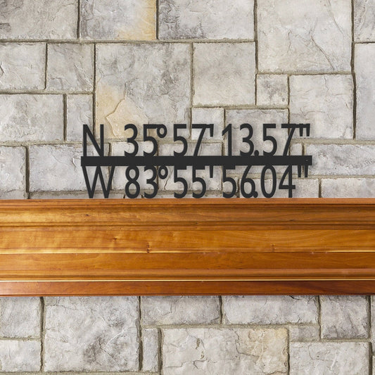 Photo showing a custom GPS coordinate metal sign above a fireplace mantel. the sign shows unique or memorable location coordinates. the metal sign is finished in a hammered black paint and can be used indoors or outdoors.