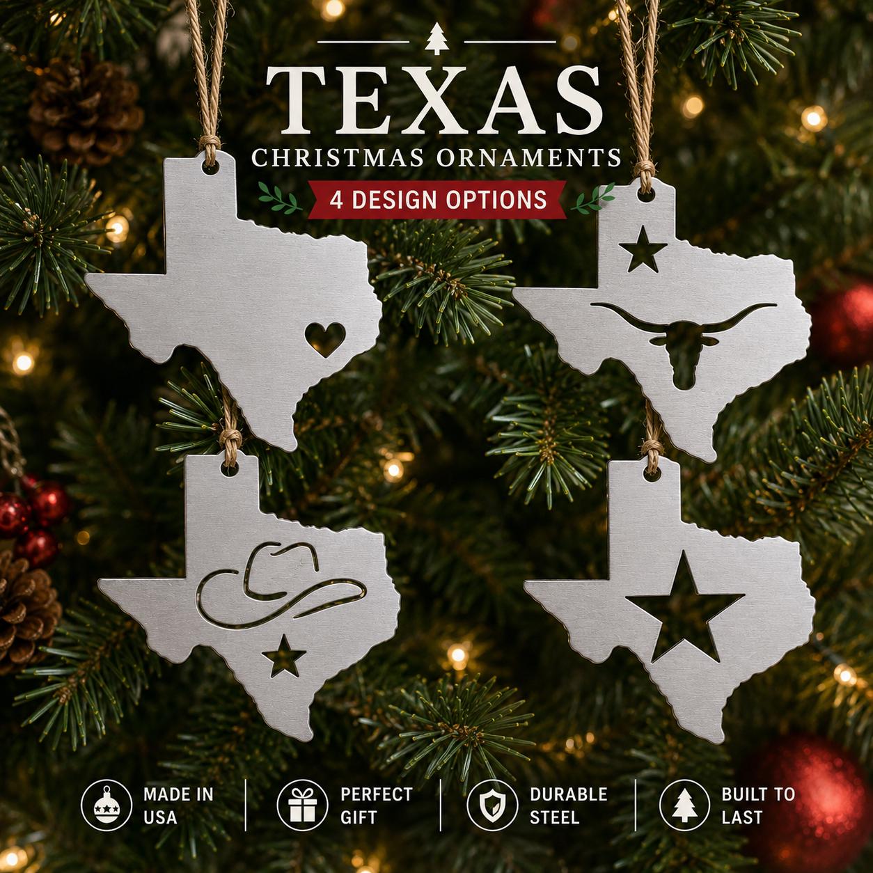 Texas Christmas Ornament | Metal Texas Ornament | Lone Star Christmas Decor | Texas Gift | Silver State Ornament, Made in USA, Cowboy & Star