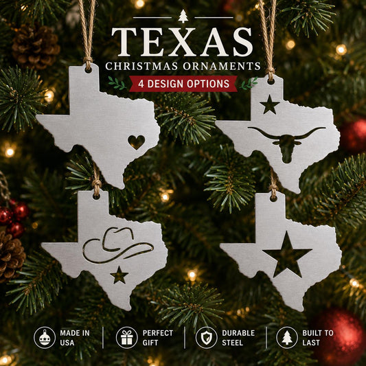 Texas Christmas Ornament | Metal Texas Ornament | Lone Star Christmas Decor | Texas Gift | Silver State Ornament, Made in USA, Cowboy & Star