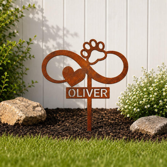 Personalized Cat Memorial Garden Stake – Infinity Heart Paw Metal Sign – Custom Pet Grave Marker – Cat Loss Sympathy Gift–Outdoor Yard Decor