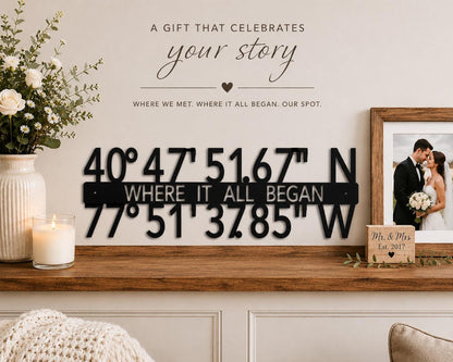 May include: A black metal sign with coordinates and the text "WHERE IT ALL BEGAN." The sign is displayed on a wooden shelf, alongside a framed photo and a decorative vase with flowers. The text "A GIFT THAT CELEBRATES your story" is above the sign.