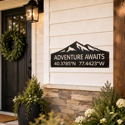 Adventure Awaits Personalized Steel GPS Coordinates Metal Sign, Wedding Anniversary Gift, Housewarming, latitude longitude, Mountain Cabin