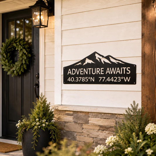 Adventure Awaits Personalized Steel GPS Coordinates Metal Sign, Wedding Anniversary Gift, Housewarming, latitude longitude, Mountain Cabin