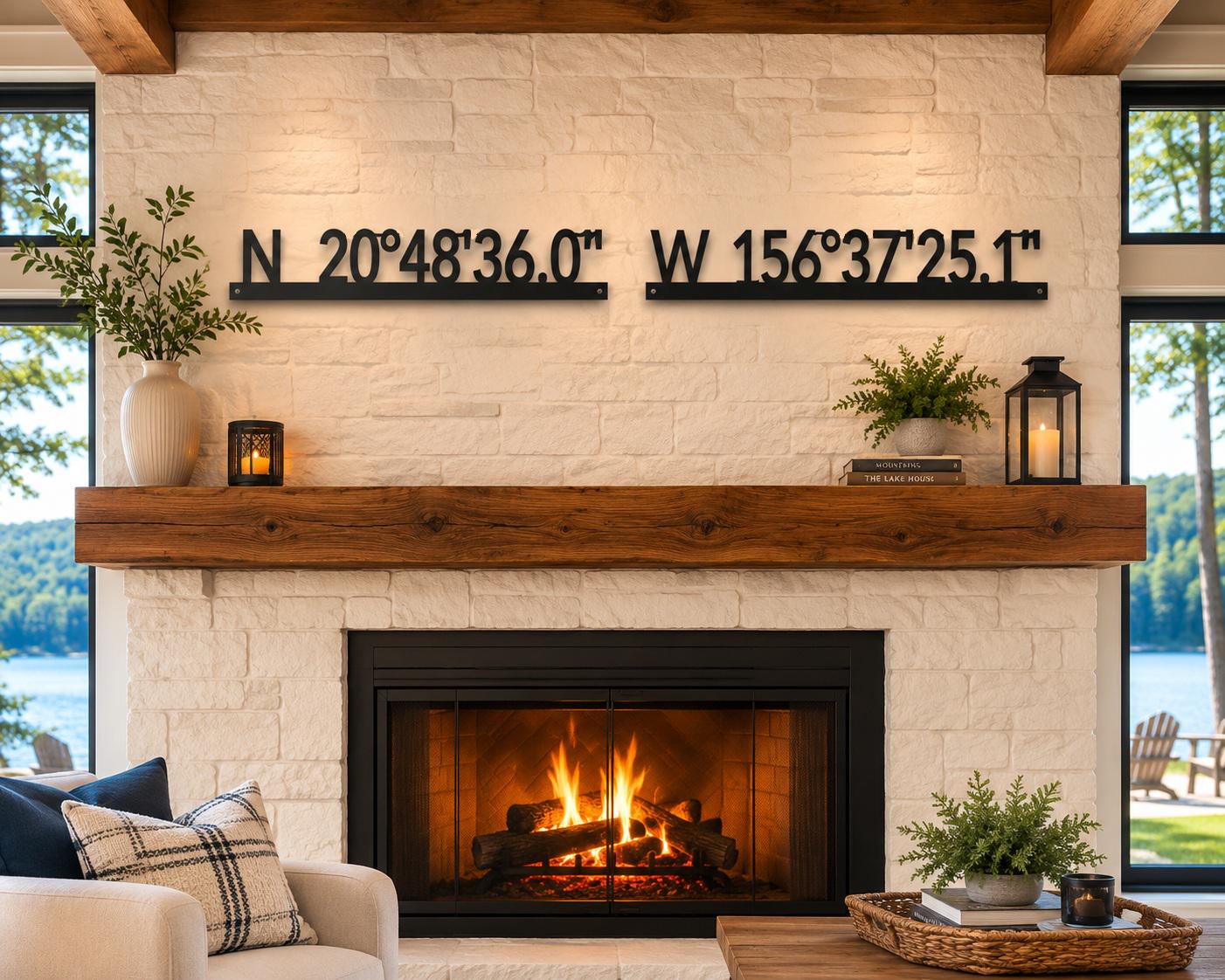 Long Horizontal GPS Coordinate Sign | Personalized Metal Wall Art for Fireplace Mantel, Picture Window, Lake House & Cabin Decor