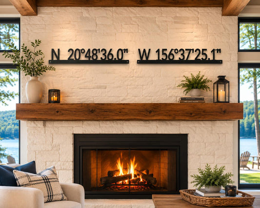 Long Horizontal GPS Coordinate Sign | Personalized Metal Wall Art for Fireplace Mantel, Picture Window, Lake House & Cabin Decor