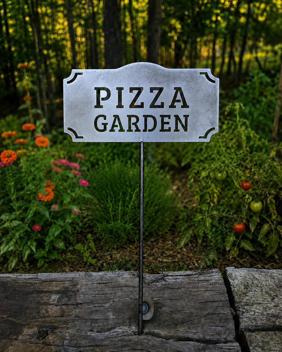 Pizza Garden Metal Garden Stake | Rustic Steel Garden Sign | Garden Decor