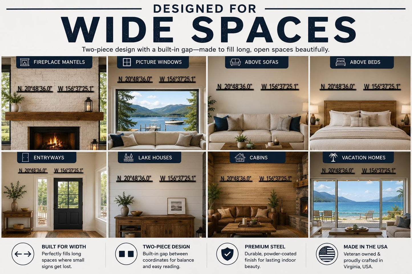 Long Horizontal GPS Coordinate Sign | Personalized Metal Wall Art for Fireplace Mantel, Picture Window, Lake House & Cabin Decor