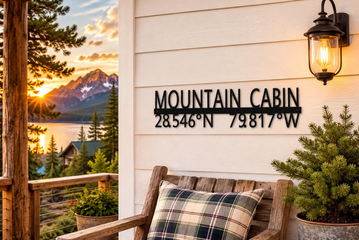 Mountain Cabin Coordinates Sign | Personalized Cabin Decor | Custom GPS Latitude Longitude Metal Sign | Rustic Mountain Retreat Gift