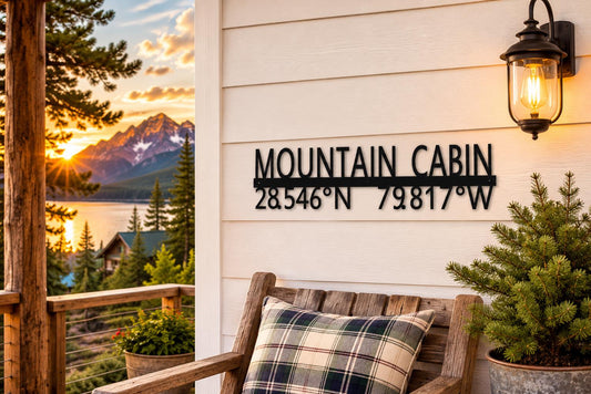 Mountain Cabin Coordinates Sign | Personalized Cabin Decor | Custom GPS Latitude Longitude Metal Sign | Rustic Mountain Retreat Gift