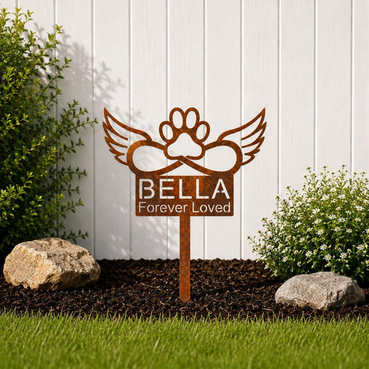 Personalized Dog Memorial Garden Stake | Angel Wings Infinity Paw Metal Sign | Rainbow Bridge Pet Memorial | Forever Loved