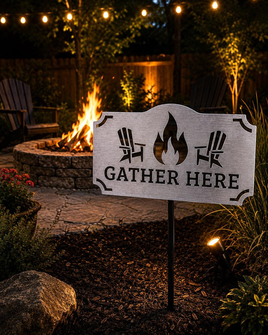 Gather Here Fire Pit Sign | Metal Backyard Decor | Outdoor Fire Pit Stake | Patio Yard Sign | Campfire Decor | Housewarming Gift