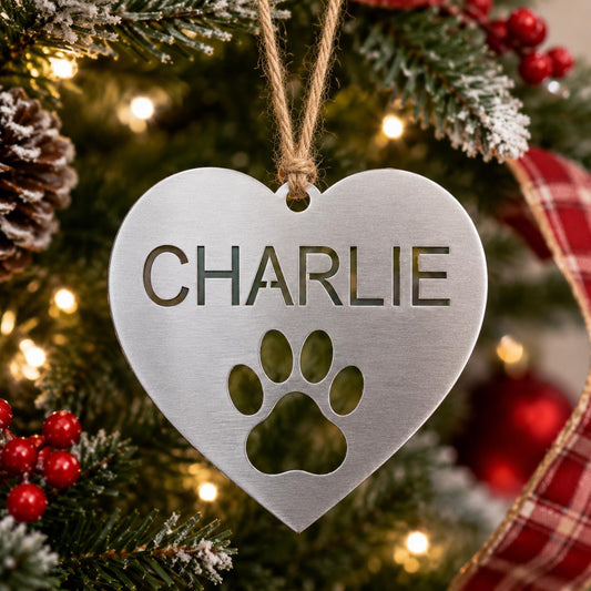 Personalized Dog Christmas Ornament, Custom Pet Name Paw Ornament, Metal Dog Ornament, Heart Paw Christmas Gift