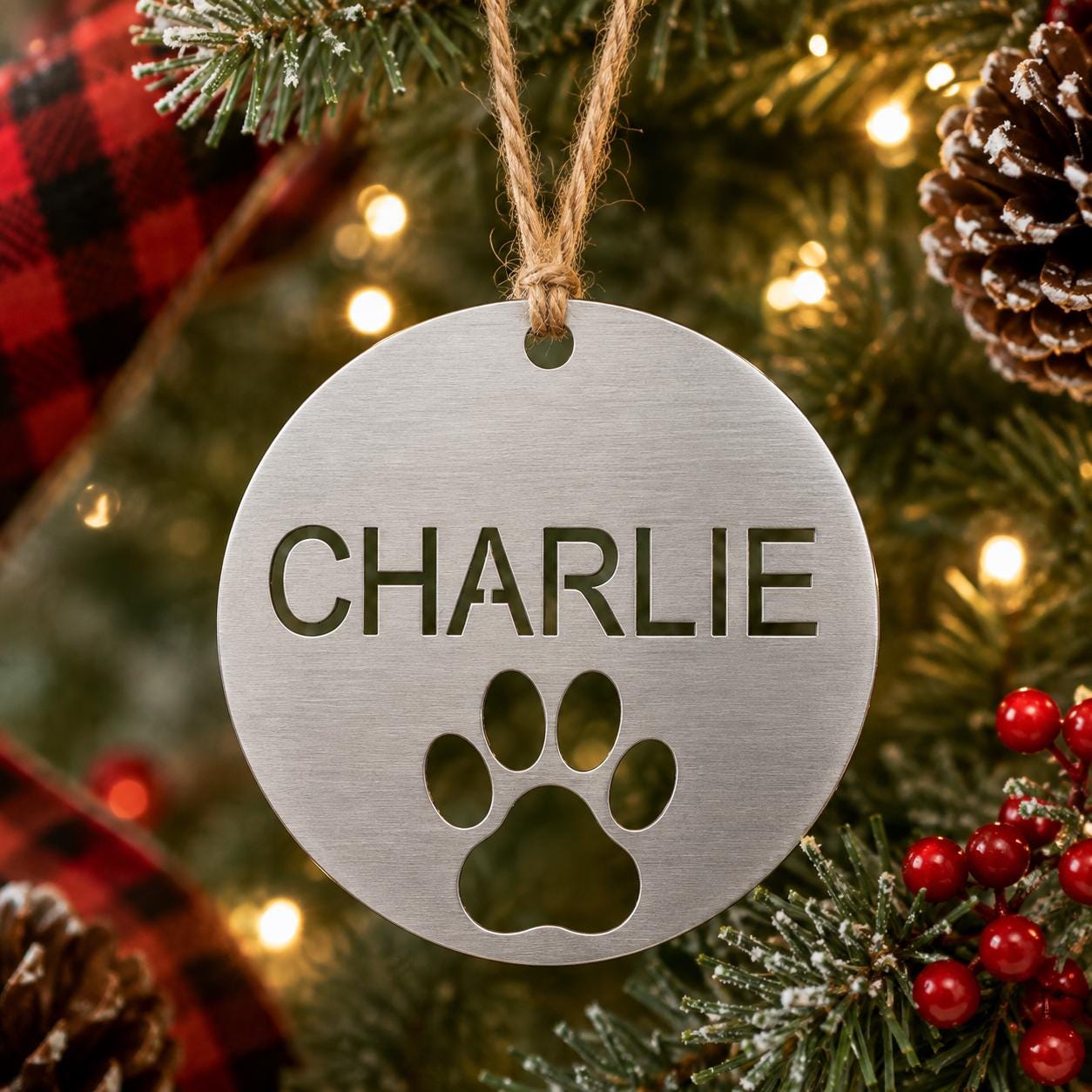 Personalized Dog Name Ornament, Custom Pet Christmas Ornament, Metal Paw Print Ornament, Dog Lover Christmas Gift