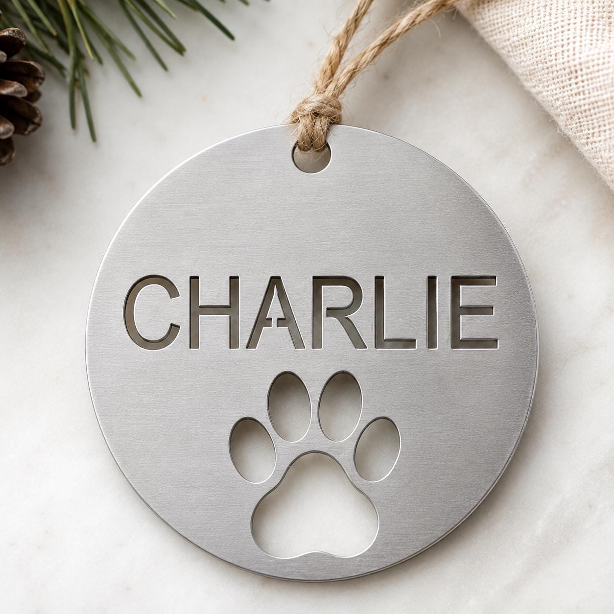Personalized Dog Name Ornament, Custom Pet Christmas Ornament, Metal Paw Print Ornament, Dog Lover Christmas Gift