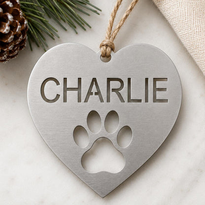 Personalized Dog Christmas Ornament, Custom Pet Name Paw Ornament, Metal Dog Ornament, Heart Paw Christmas Gift