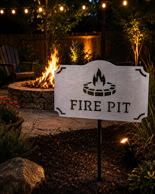 Fire Pit Metal Yard Sign | Backyard Fire Pit Decor | Outdoor Patio Stake | Campfire Garden Sign | Housewarming Gift