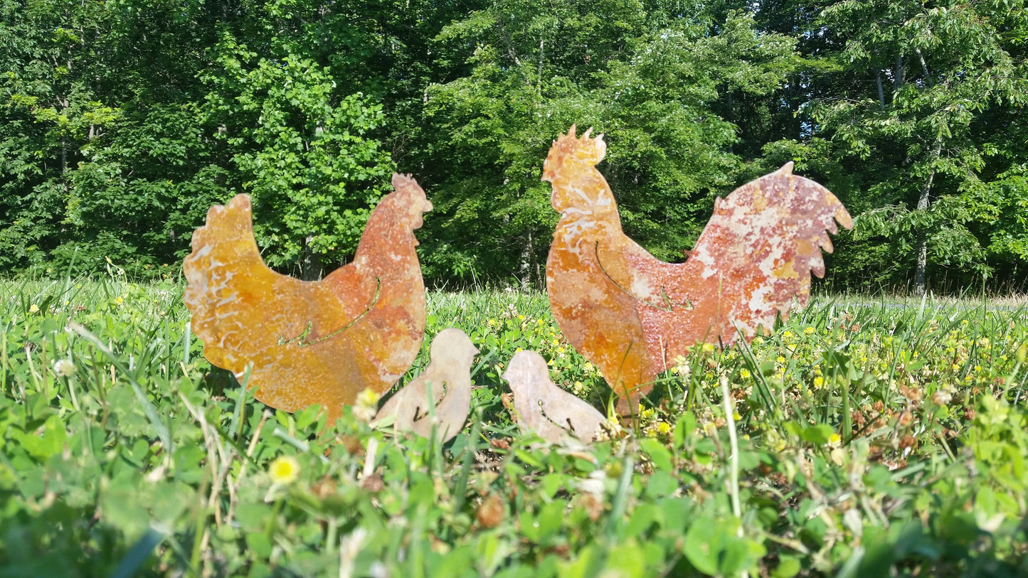 chicken rooster hen chick barn farm garden stake yard ornament metal steel gift garden