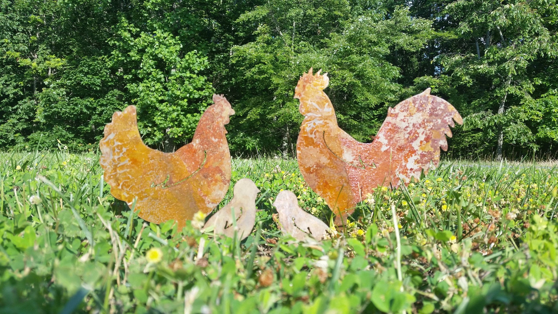 chicken rooster hen chick barn farm garden stake yard ornament metal steel gift garden