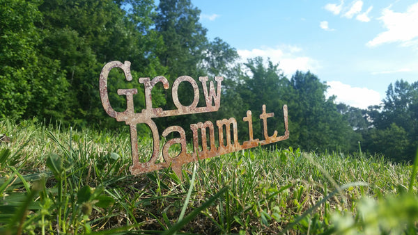 grow dammit garden stake yard lawn ornament metal steel gift garden